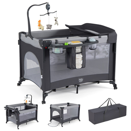5 in 1 Baby Pack and Play Infant Bedside Sleeper with Mattress-Black