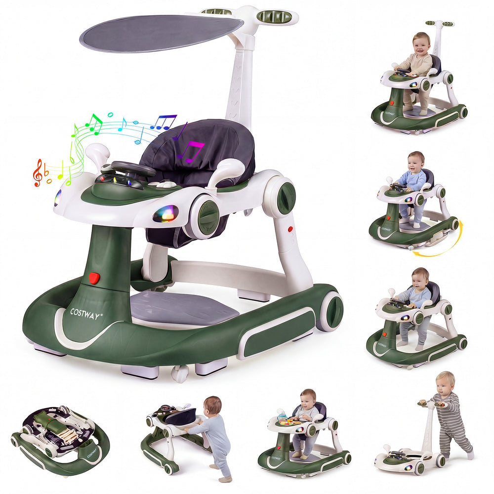 6-in-1 Baby Walker Toddler Push Car with Canopy and Wheels-Green