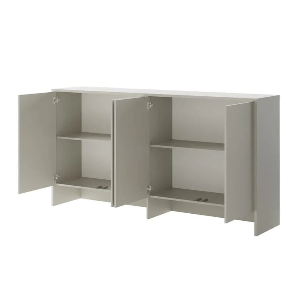 Light gray corner cabinet with open doors on a white background