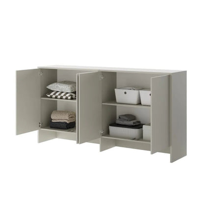 Light gray corner cabinet with open doors on a white background
