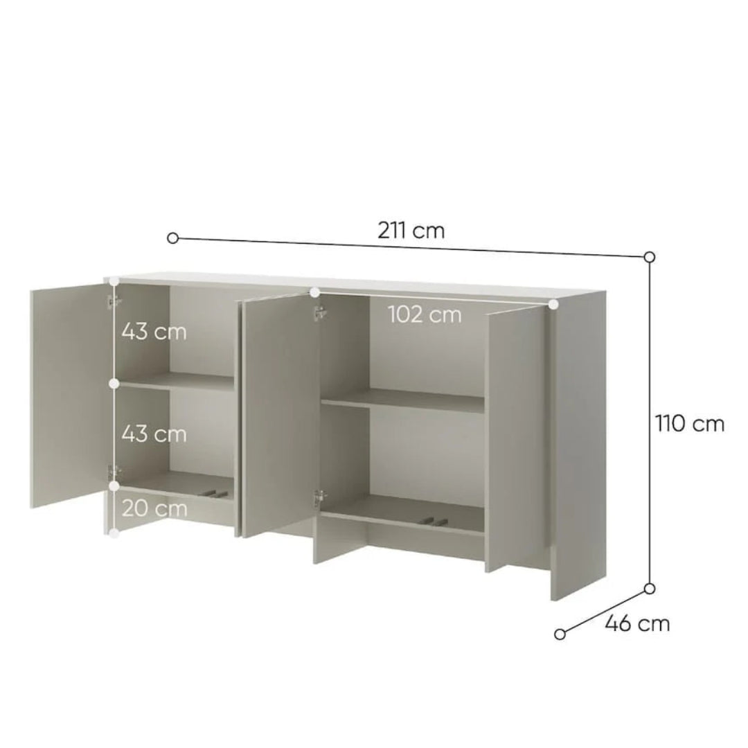 Gray cabinet with dimensions labeled on a white background