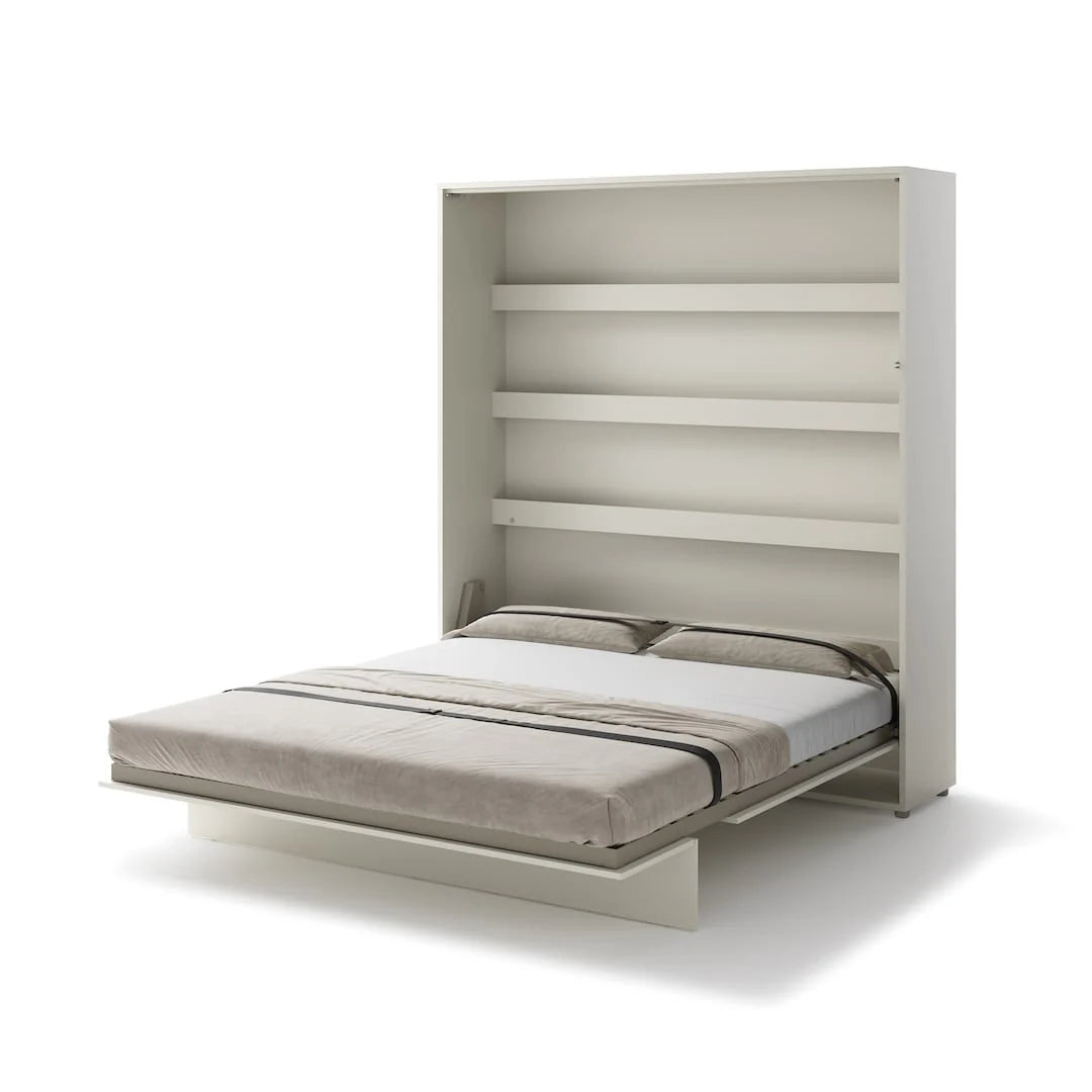 Wall-mounted bed with a white mattress and gray blanket on a white background