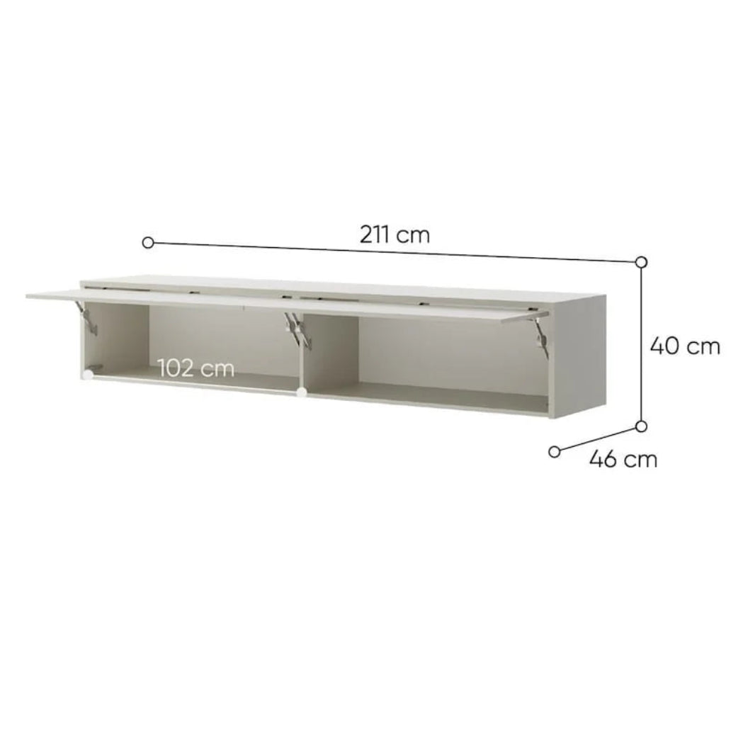 White wall-mounted shelf with dimensions labeled on a white background