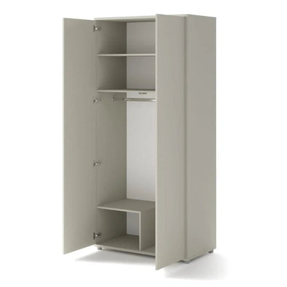 Gray wardrobe with open doors on a white background