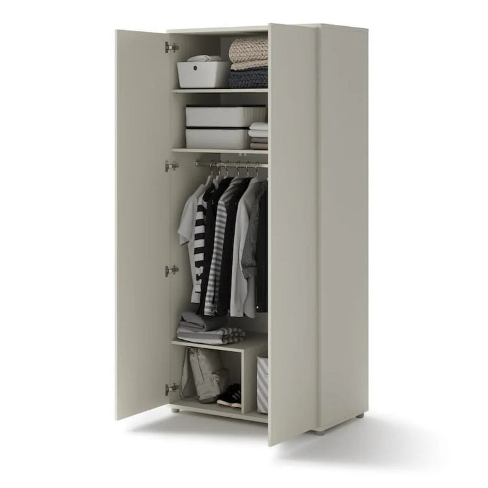 Beige wardrobe with open doors showing clothes and shelves on a white background