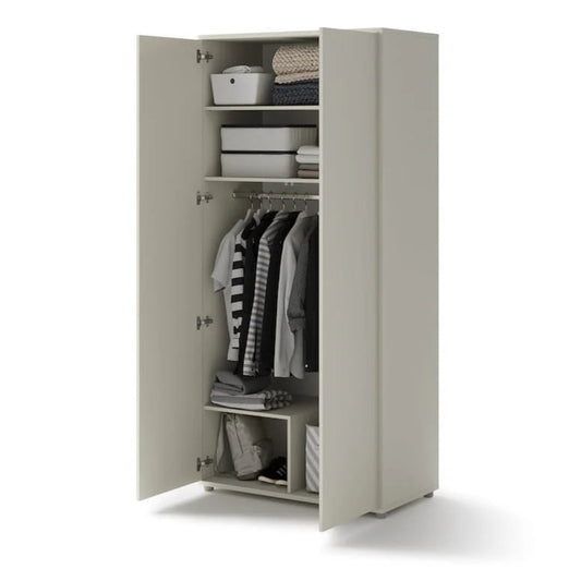 Beige wardrobe with open doors showing clothes and shelves on a white background