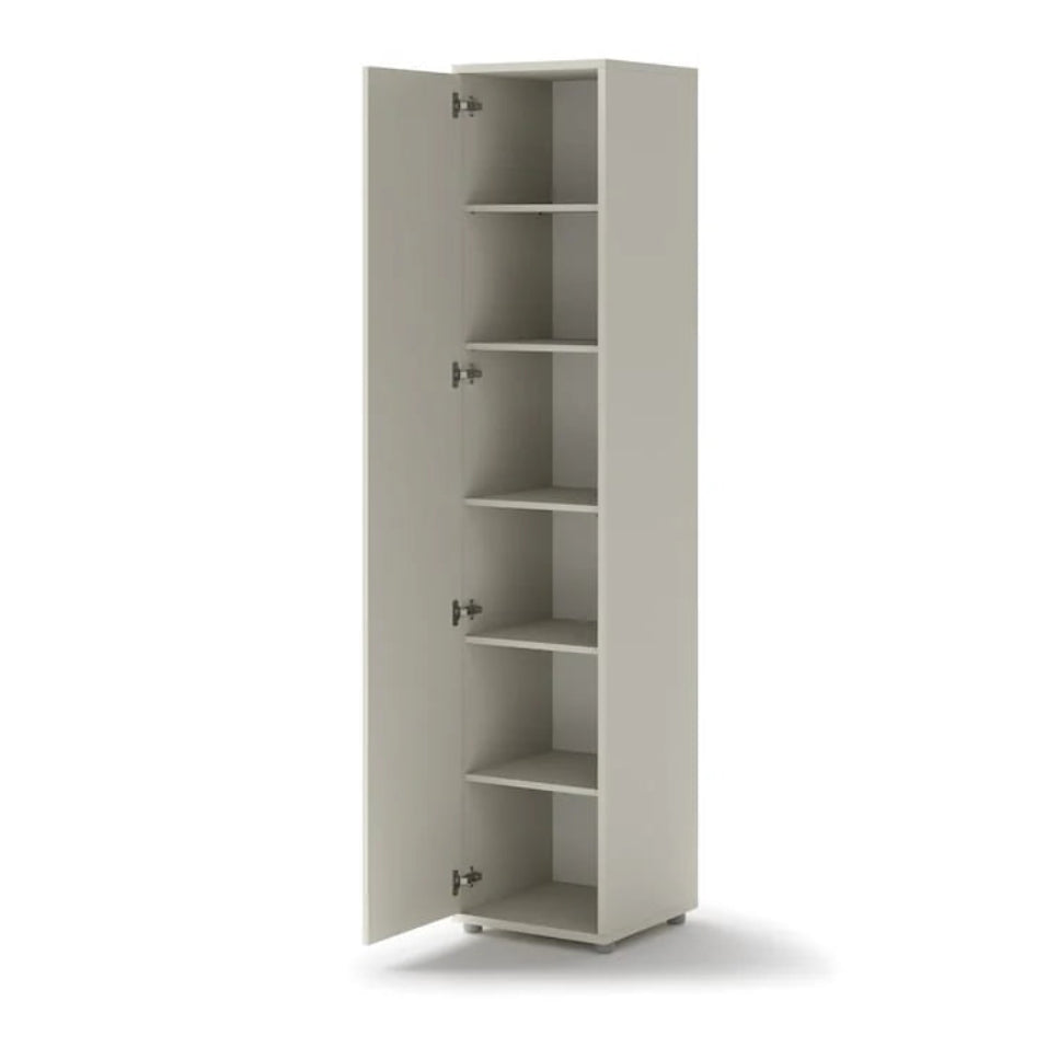 Tall gray cabinet with multiple shelves on a white background