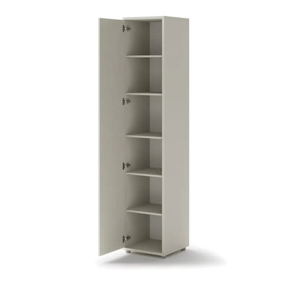 Tall gray cabinet with multiple shelves on a white background