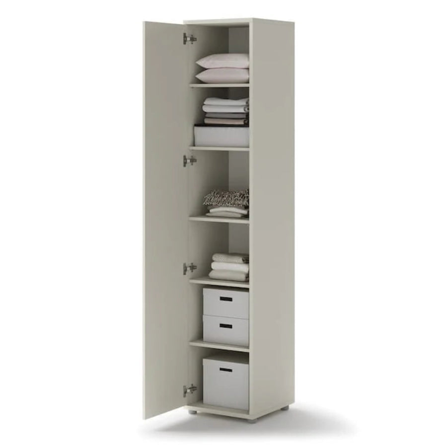 Tall beige storage cabinet with shelves and drawers on a white background