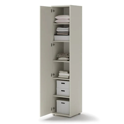 Tall beige storage cabinet with shelves and drawers on a white background