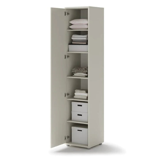 Tall beige storage cabinet with shelves and drawers on a white background