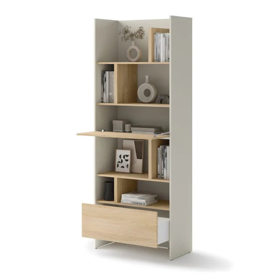 Tall bookshelf with wooden shelves and a drawer on a white background