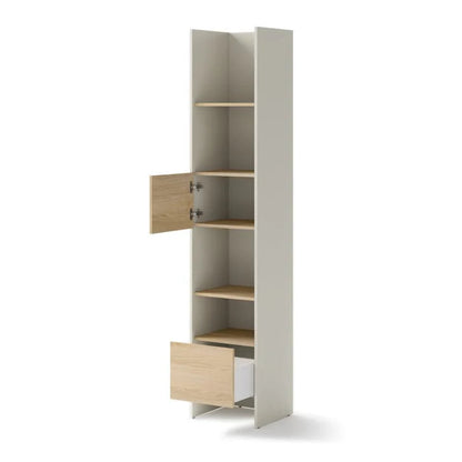Tall bookshelf with open doors on a white background