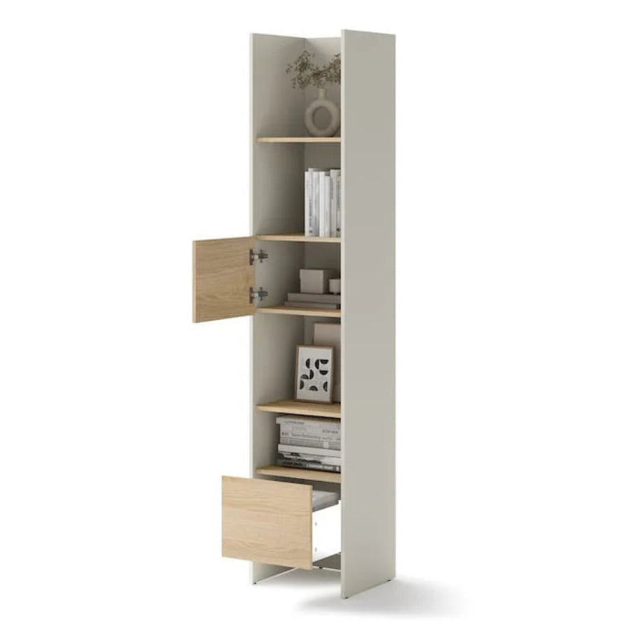 Tall bookshelf with open doors on a white background