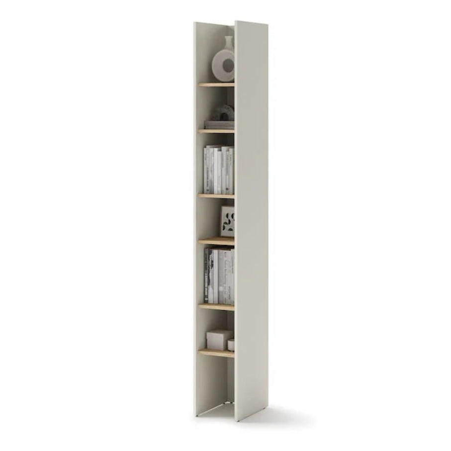 Tall narrow bookshelf with books and decorative items on a white background