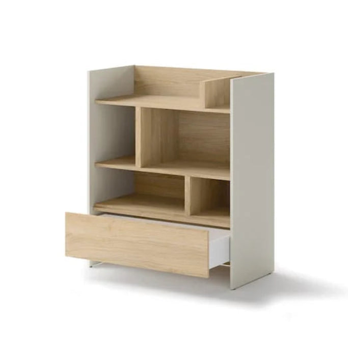 Wooden bookshelf with a drawer on a white background
