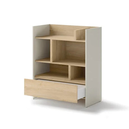 Wooden bookshelf with a drawer on a white background