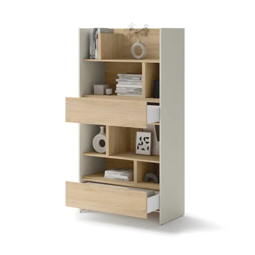 Wooden bookshelf with shelves and drawers on a white background