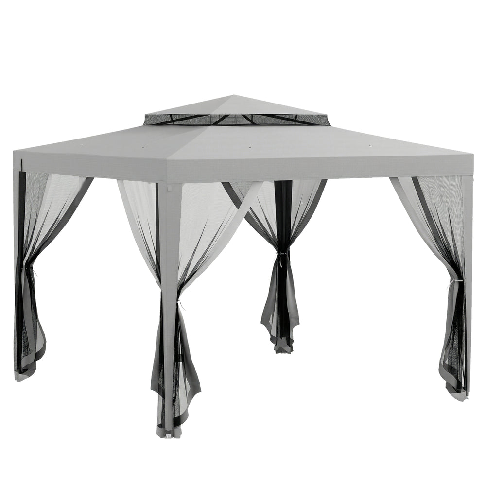 Outsunny 3 x 3 m Gazebo, Netting Party Tent, Patio Canopy Outdoor Event Shelter with Double Tier Roof, Light Grey