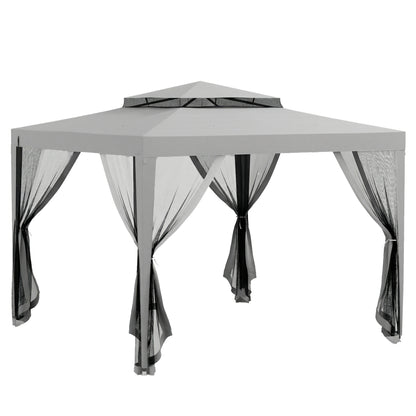 Outsunny 3 x 3 m Gazebo, Netting Party Tent, Patio Canopy Outdoor Event Shelter with Double Tier Roof, Light Grey