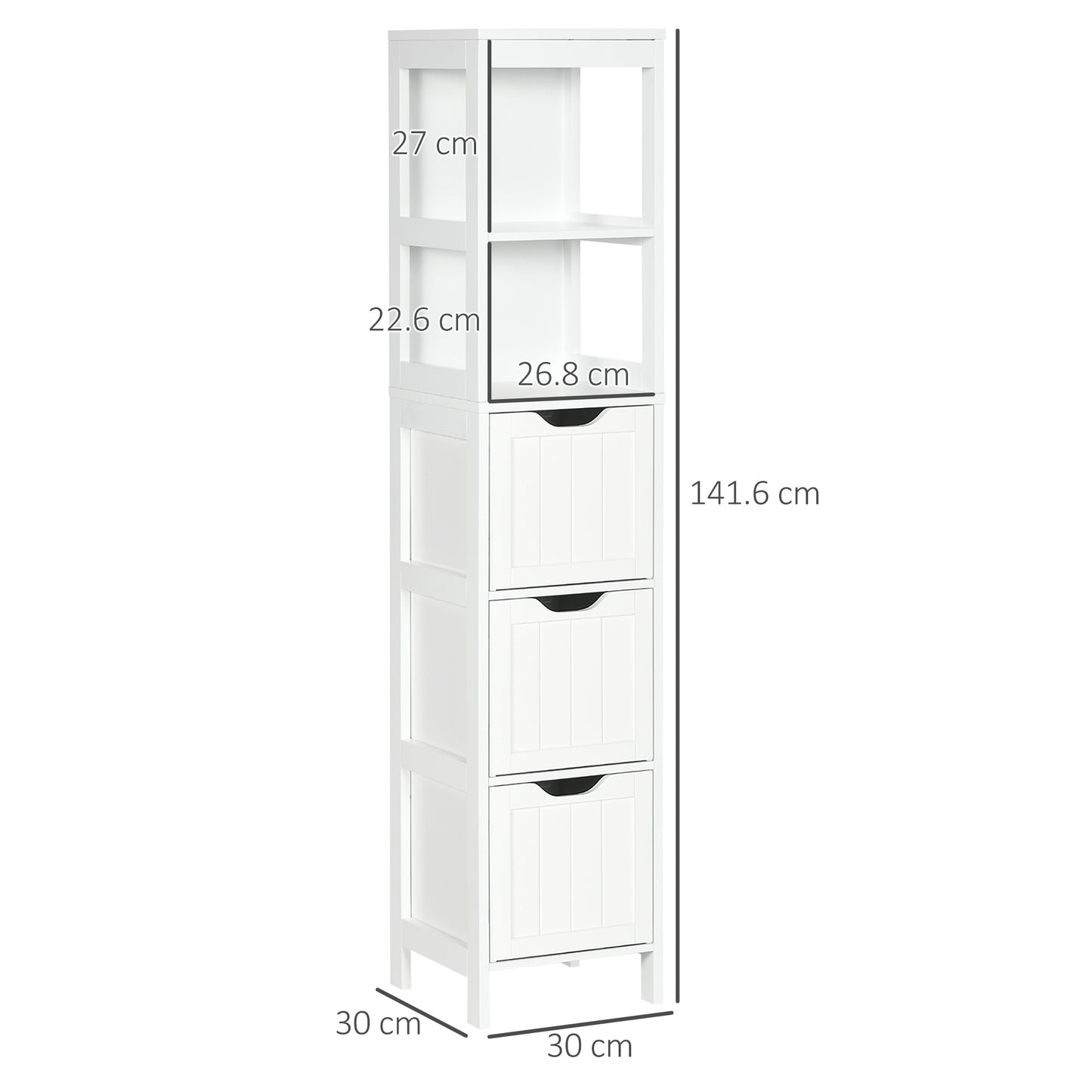 HOMCOM Narrow Floor Cabinet, Bathroom Cabinet with 3 Drawers and 2 Open Shelves, 30W x 30D x 141.6Hcm, White