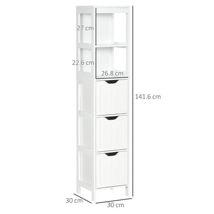 HOMCOM Narrow Floor Cabinet, Bathroom Cabinet with 3 Drawers and 2 Open Shelves, 30W x 30D x 141.6Hcm, White