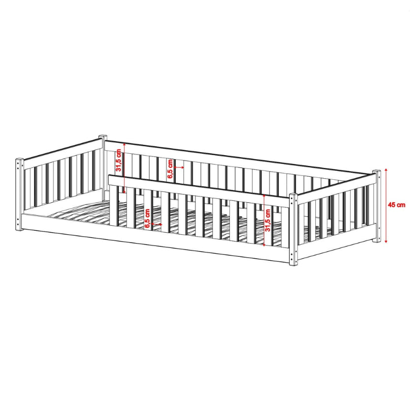 Measurement diagram of a wooden bed frame with dimensions indicated.