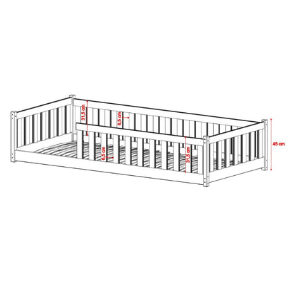 Measurement diagram of a wooden bed frame with dimensions indicated.