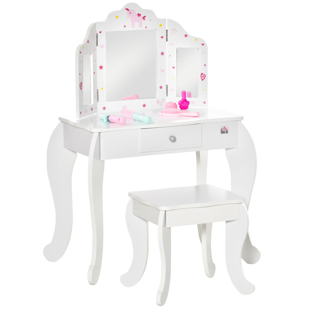 HOMCOM Kids Vanity Table and Chair Set with Tri-Folding Mirror and Stool, Makeup Dressing Table with Drawer, White