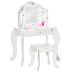 HOMCOM Kids Vanity Table and Chair Set with Tri-Folding Mirror and Stool, Makeup Dressing Table with Drawer, White