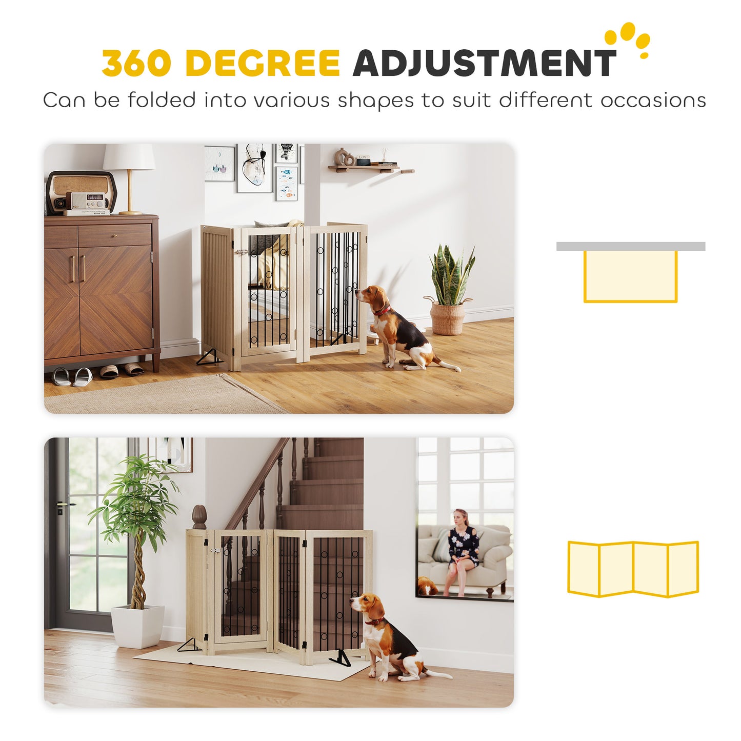 PawHut 4 Panel Freestanding Pet Gate, Indoor Dog Barrier with Lockable Door, Support Feet, 360Â° Flexible Hinges, Oak