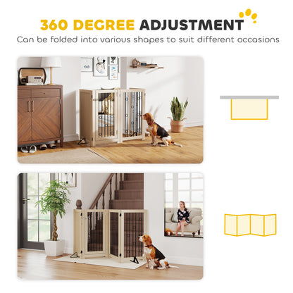 PawHut 4 Panel Freestanding Pet Gate, Indoor Dog Barrier with Lockable Door, Support Feet, 360Â° Flexible Hinges, Oak