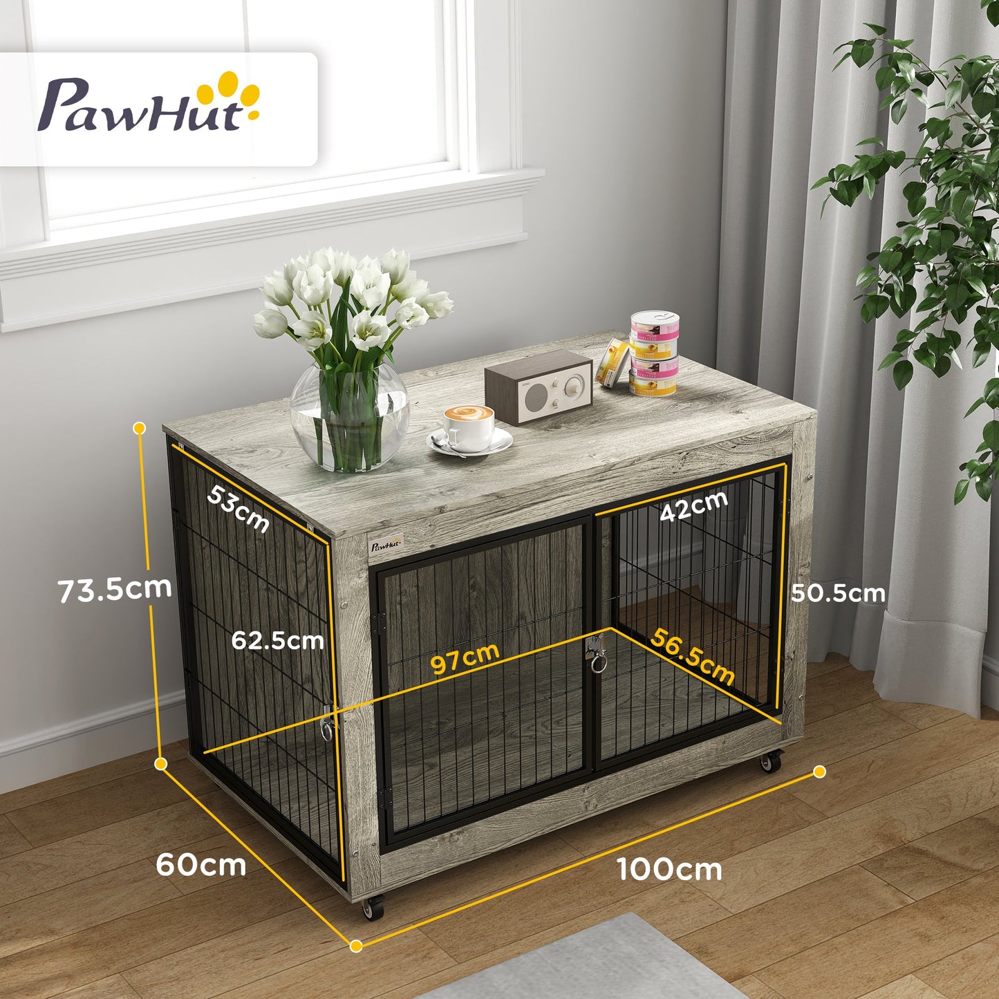 PawHut Dog Crate Furniture with Wheels, Double Doors, for Large Dogs, Grey