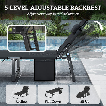 Outsunny Folding Sun Loungers for Garden Set of 2, 5-Position Oversized Camping Bed Recliner with Cushions, Dark Grey