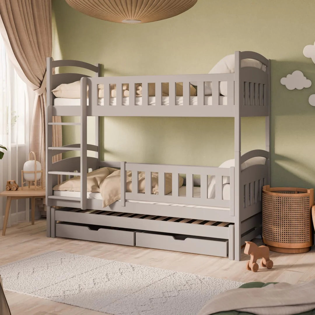 Gray bunk bed with trundle in a child's room with green walls and toys.