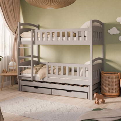 Gray bunk bed with trundle in a child's room with green walls and toys.