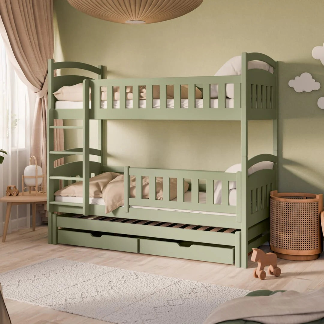 Green bunk bed with trundle in a child's bedroom with light green walls and wooden floor.