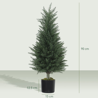 HOMCOM Artificial Plants Outdoor, 90 cm Fake Cypress Tree with Plastic Pots, UV-Resistant Faux Plants for Garden Front Porch Decoration, 2 Pack