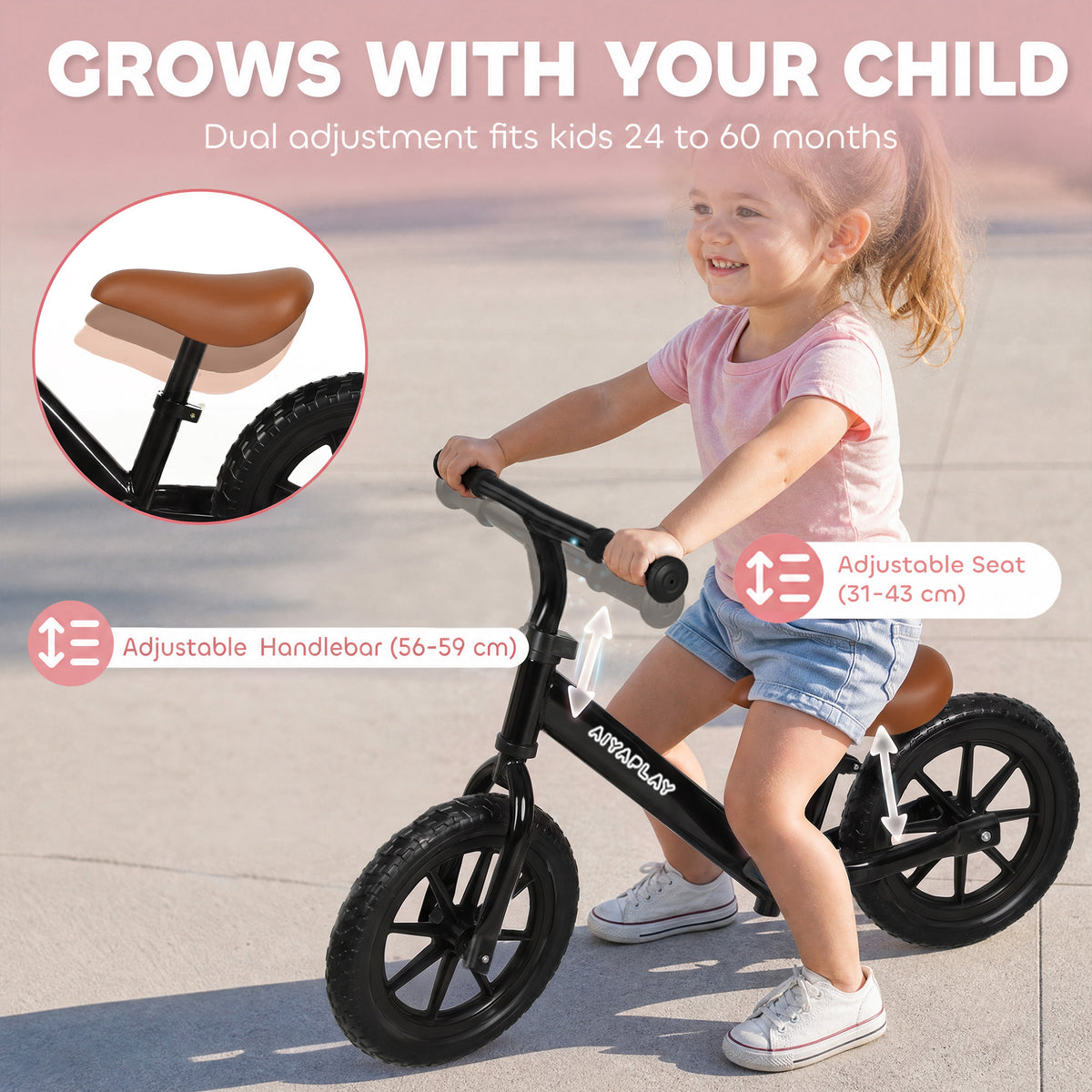 AIYAPLAY 11.2" Balance Bike for 2-5 Years, Toddler Bike with Lighting Wheels, Adjustable Seat & Handlebar, Black