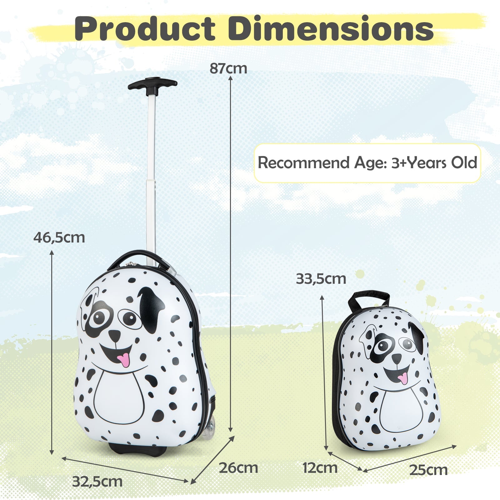 2 Pieces Kids Luggage Set with Wheels and Height Adjustable Handle-White &amp; Black
