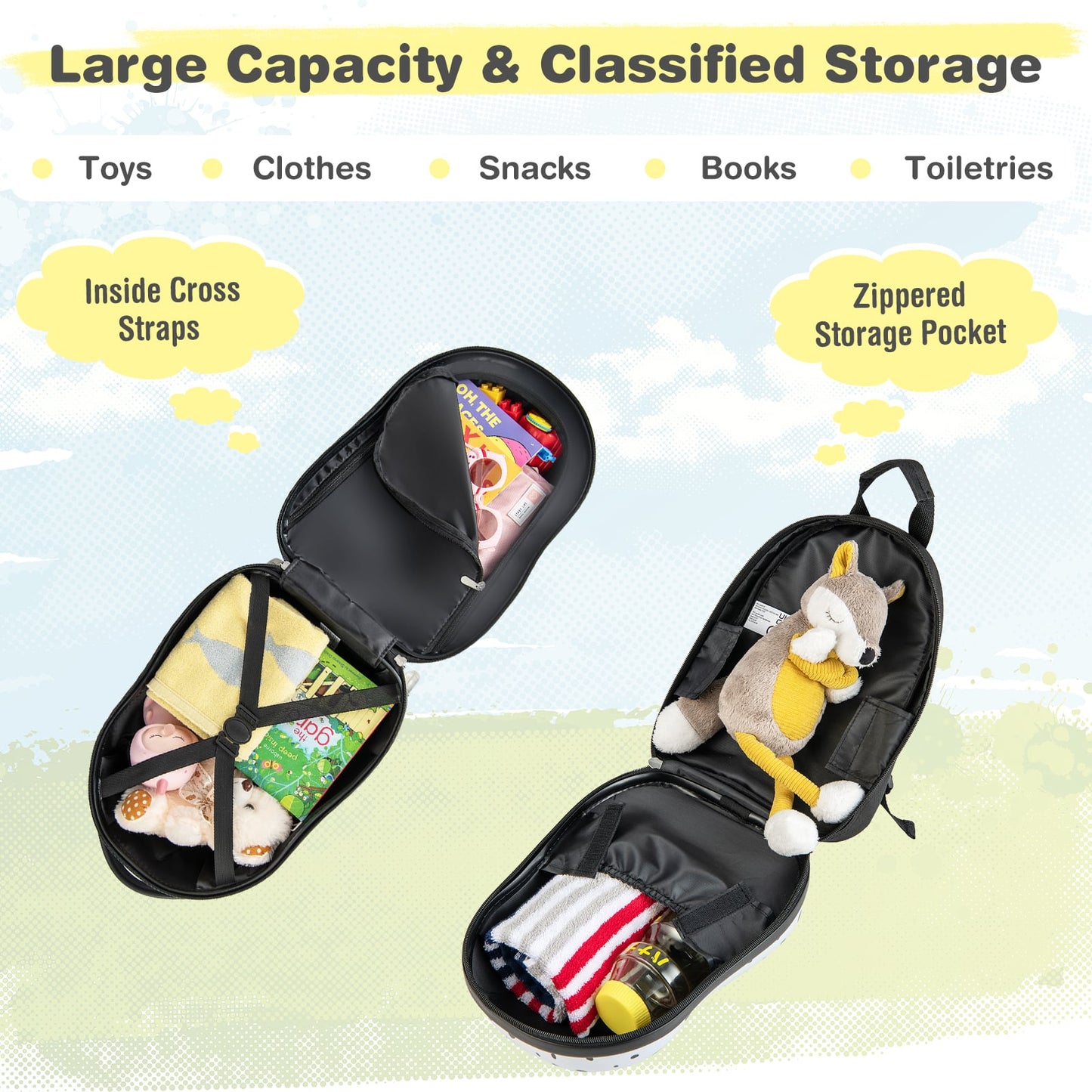 2 Pieces Kids Luggage Set with Wheels and Height Adjustable Handle-White &amp; Black