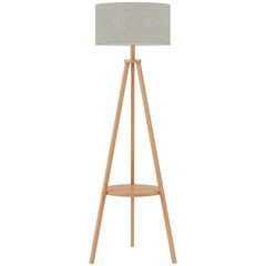 HOMCOM Bedside Light, Tripod Floor Lamp with Storage Shelf and Linen Shade for Living Room, 160cm, Natural Wood Colour