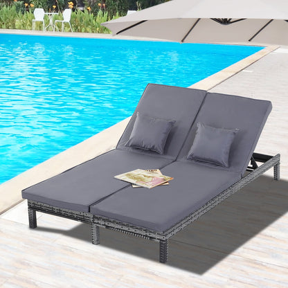 Outsunny 2 Seater Rattan Lounger Adjustable Double Chaise Chair Loveseat w/ Cushion - Grey