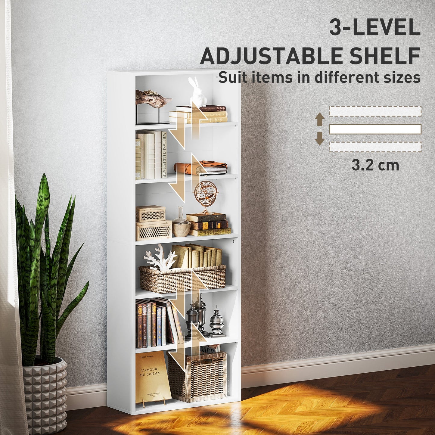 HOMCOM Six Shelf Bookcase - White