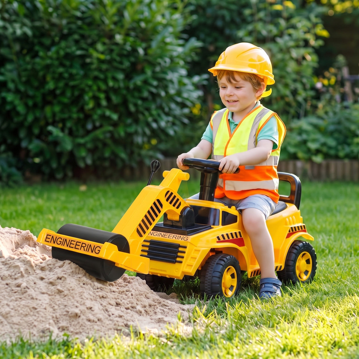 AIYAPLAY Ride On Tractor, Kids Bulldozer Pull Cart with Horn, Storage, Front Roller, Ride-On Car for Ages 1-4 Years, Yellow