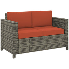 Outsunny Rattan Sofa, 2 Seater Garden Furniture with Soft Padded Cushion and Armrests, Wicker Garden Loveseat for Patio, Grey