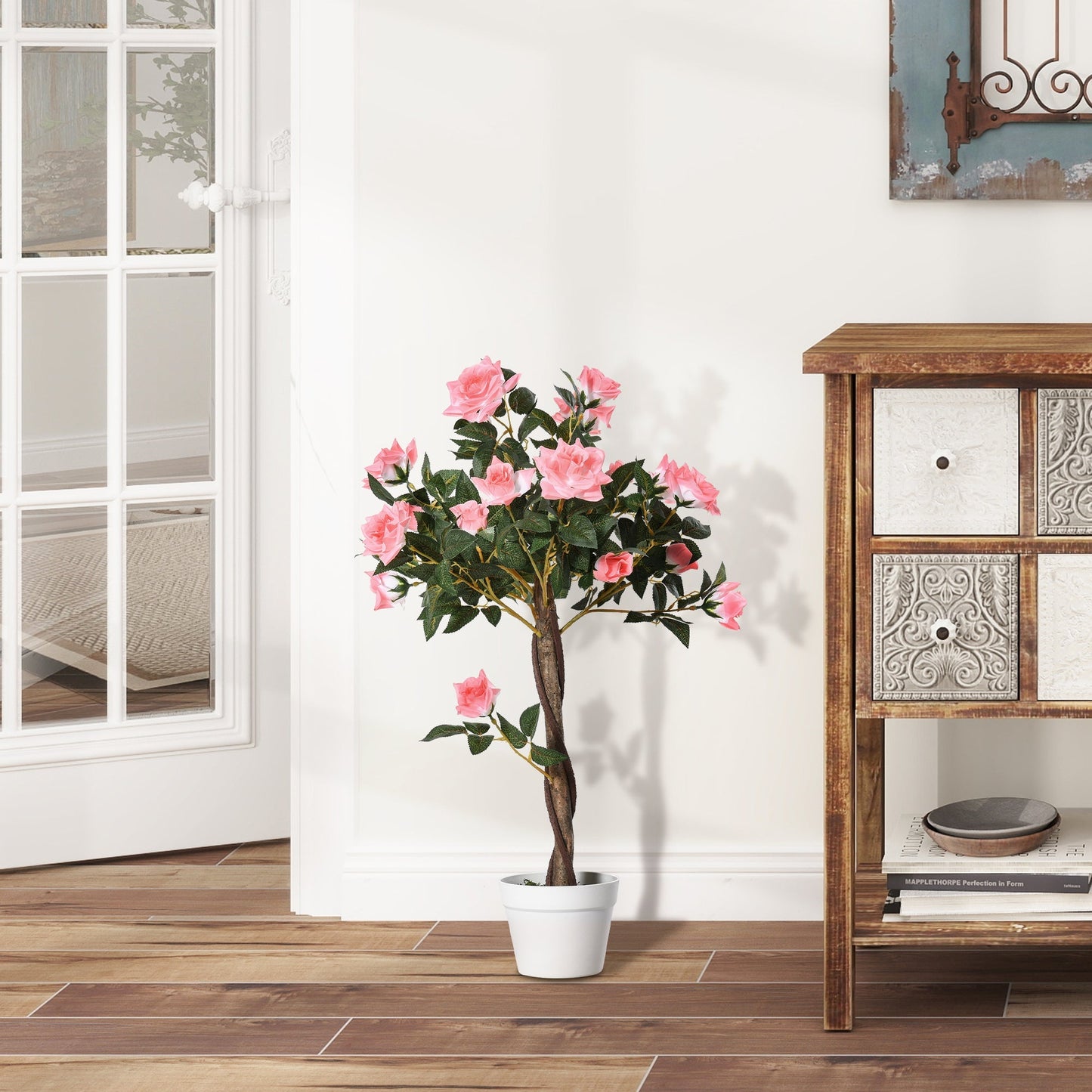 Outsunny Artificial Plants Pink Rose Floral in Pot, Fake Plants for Home Indoor Decor, 90cm