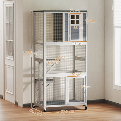 PawHut Wooden Catio Cat Outdoor Enclosure, Cat Cage with Waterproof Roof, Platforms, for Multiple Cats, White