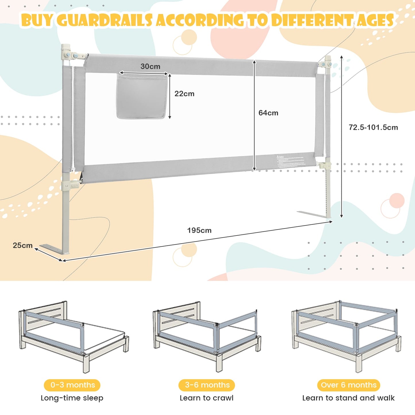 196cm Height Adjustable Bed Rail with Double Safety Lock for Toddlers-Grey