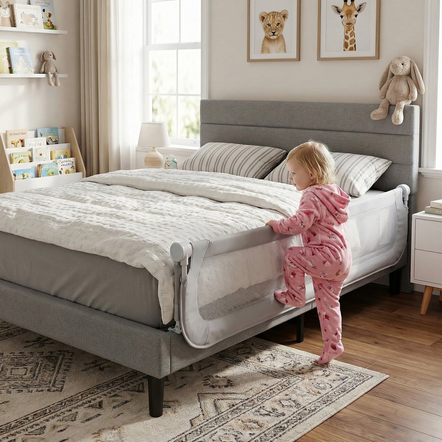 198 cm Long Adjustable Baby Bed Rail Guard with Extra Buckle-Grey